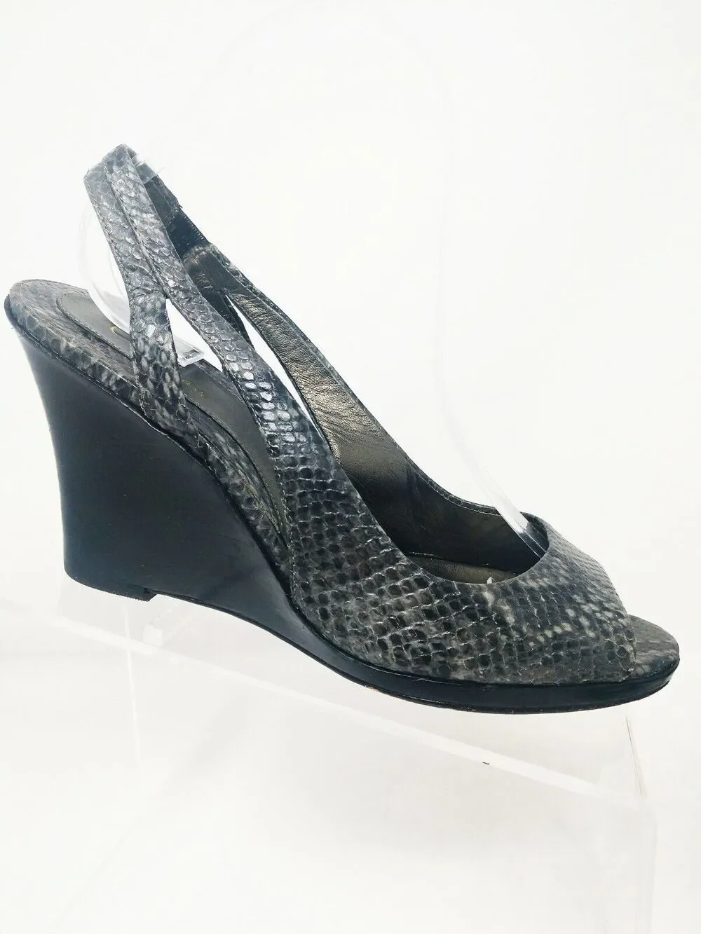 Cole Haan Women US 9.5 B Gray Snake Skin Slingback Wedge Peep Open Toe Shoe